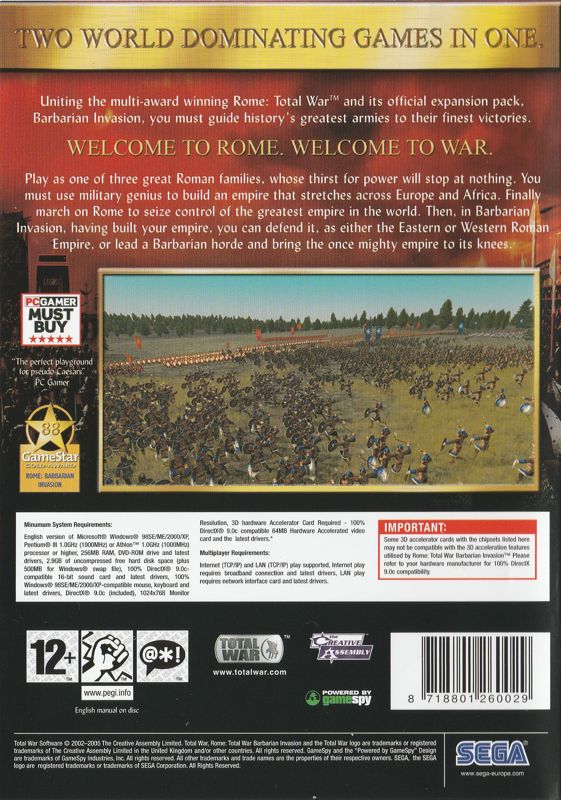 Back Cover for Rome: Total War - Gold Edition (Windows) (DVD release with Steam-based installer)