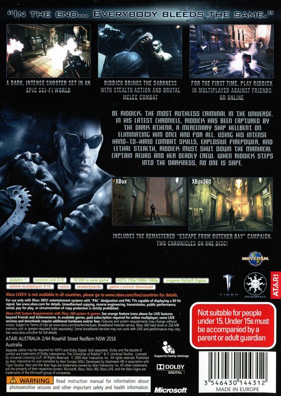 Back Cover for The Chronicles of Riddick: Assault on Dark Athena (Xbox 360)