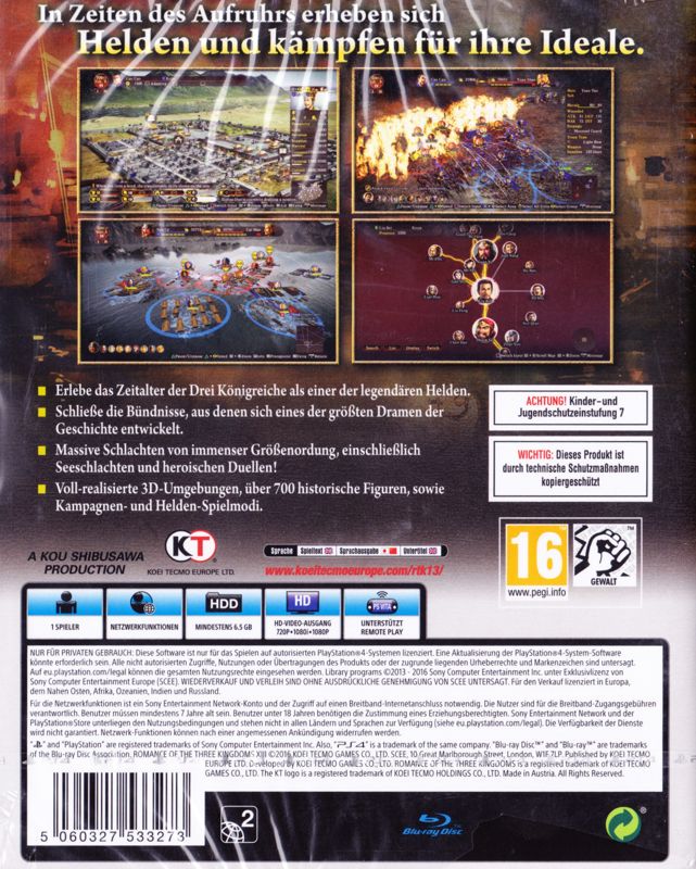 Back Cover for Romance of the Three Kingdoms XIII (PlayStation 4)