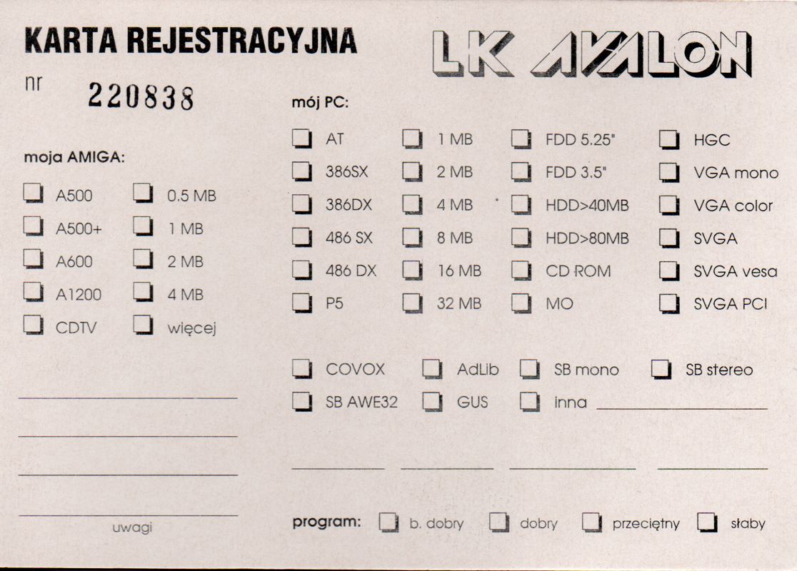 Extras for Vicky (Amiga) (VHS Box): Registration Card - Side A