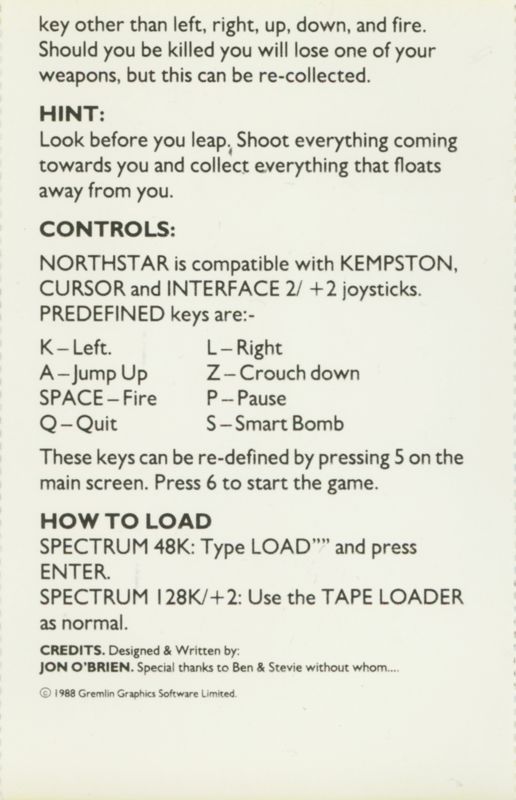 Inside Cover for NorthStar (ZX Spectrum) (Byte Back release): side B (reverse front cover)