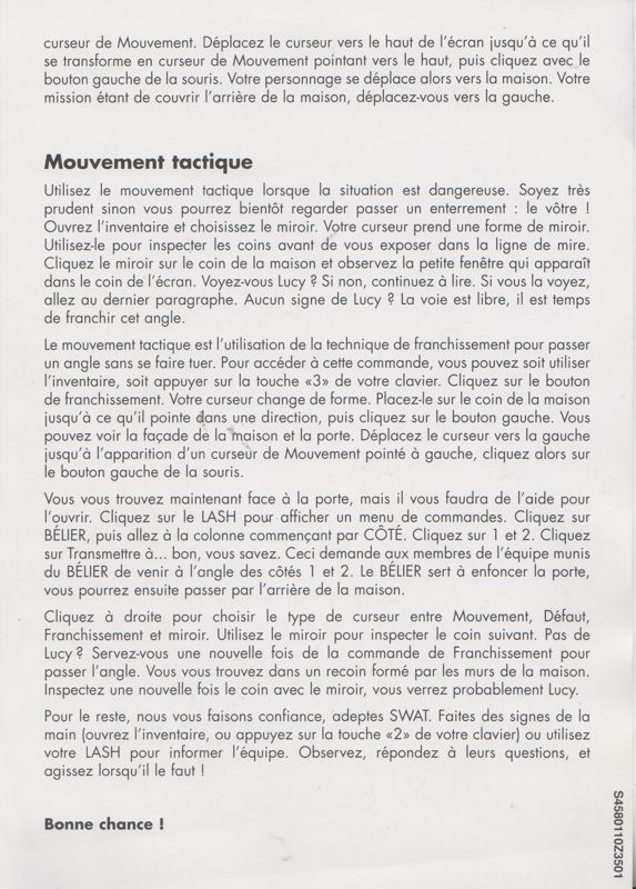 Extras for Daryl F. Gates' Police Quest: SWAT (DOS and Windows and Windows 16-bit) (SierraOriginals release): 2-page Quick Start Guide - Back