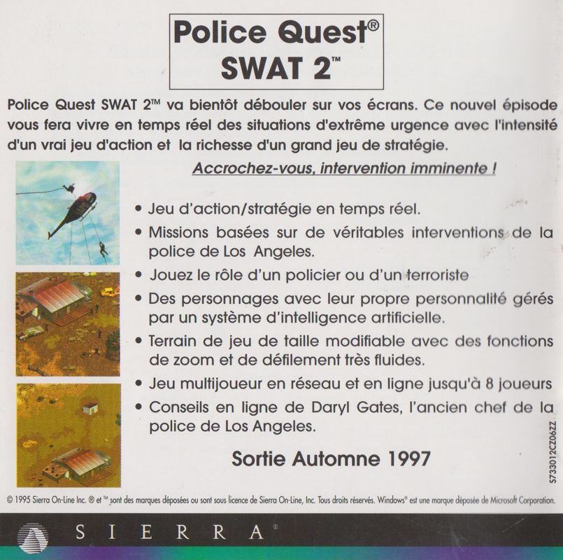 Manual for Daryl F. Gates' Police Quest: SWAT (DOS and Windows and Windows 3.x) ("Sierra Originals - Action" release): Back
