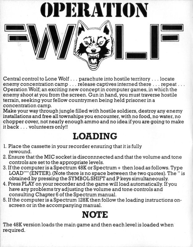 Inside Cover for Operation Wolf (ZX Spectrum): page 1