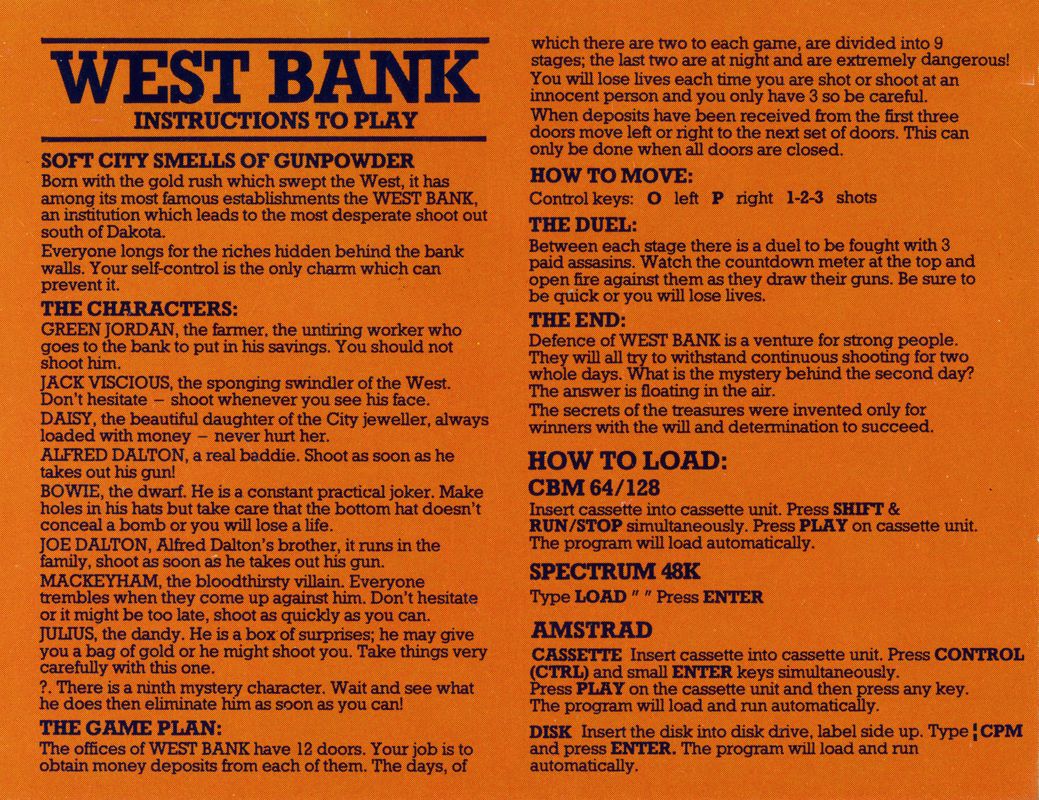 Inside Cover for West Bank (ZX Spectrum) (Gremlin Graphics release (2nd version)): side A (next front cover)