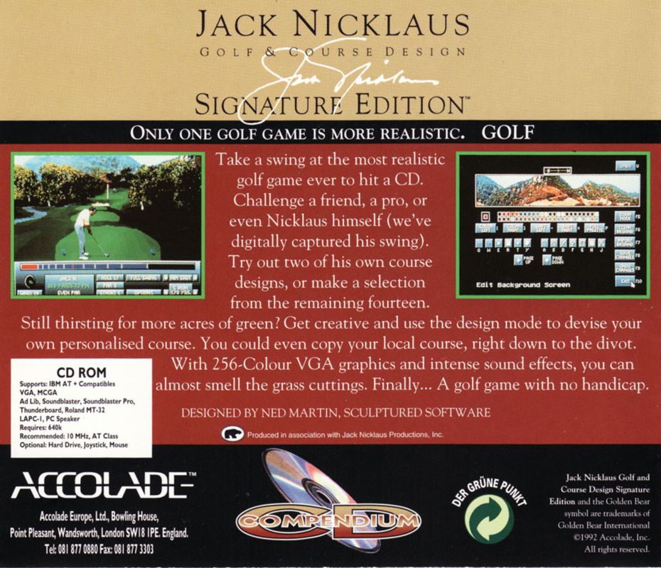 Other for Jack Nicklaus Golf & Course Design: Signature Edition CD Compendium (DOS): Jewel Case - Back