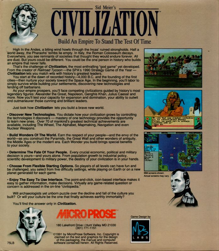 Back Cover for Sid Meier's Civilization (Amiga)