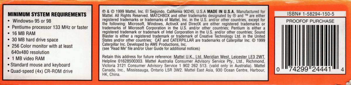 Spine/Sides for MatchBox Caterpillar Big Dirt Movers (Windows): Bottom