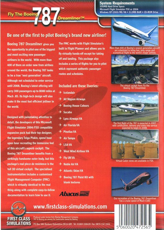 Back Cover for Fly the Boeing 787 Dreamliner (Windows)