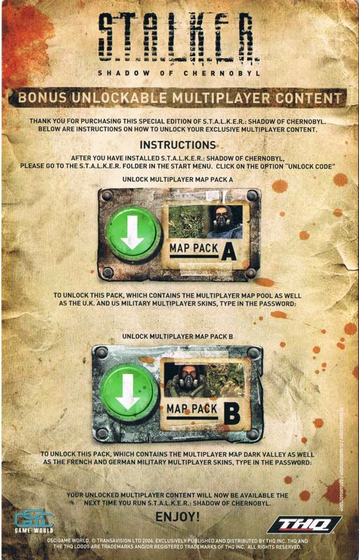 Extras for S.T.A.L.K.E.R.: Shadow of Chernobyl (Limited Edition) (Windows) (Metal hinged case enclosed in a printed transparent sleeve): Unlockable Multiplayer Maps and Skins