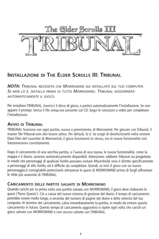 Manual for The Elder Scrolls III: Tribunal (Windows): Front