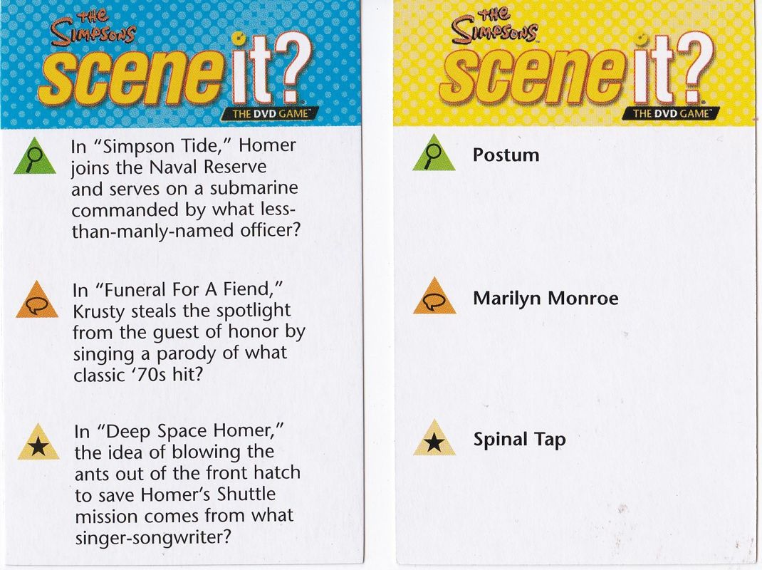 Other for Scene It?: The Simpsons (DVD Player): Trivia Cards: When in their container only the coloured banner heading is visible