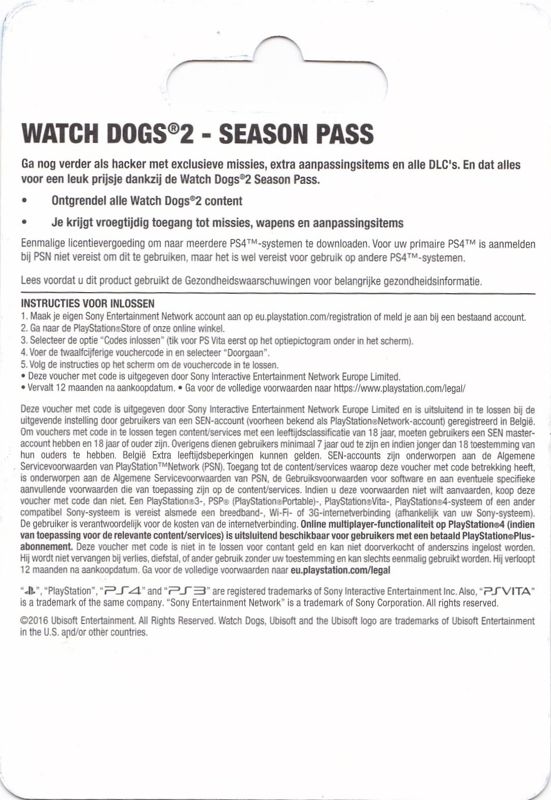 Back Cover for Watch_Dogs 2: Season Pass (PlayStation 4) (Game Mania Scan Card / E-Voucher): Scan Card
