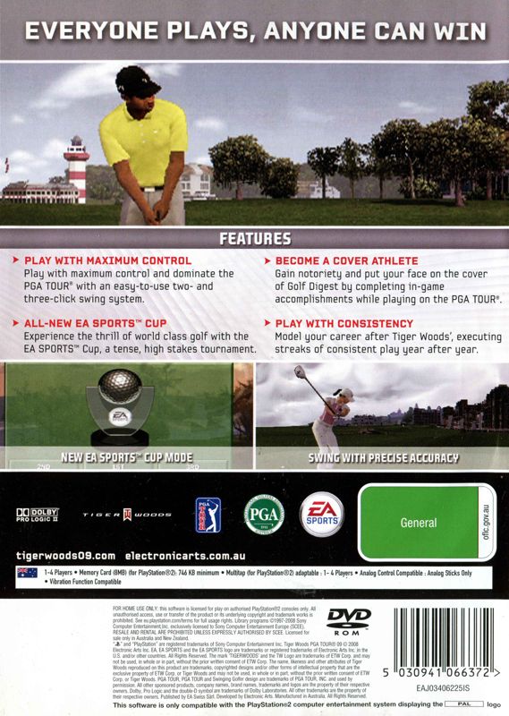 Back Cover for Tiger Woods PGA Tour 09 (PlayStation 2)