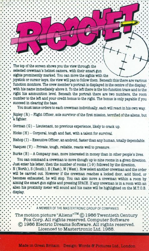Inside Cover for Aliens: The Computer Game (Commodore 64) (Budget re-release): side A (next front cover)