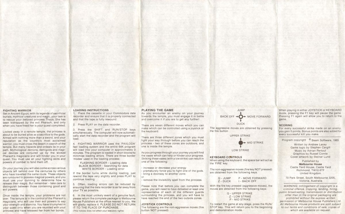 Other for Fighting Warrior (Commodore 64): foldable instructions 1