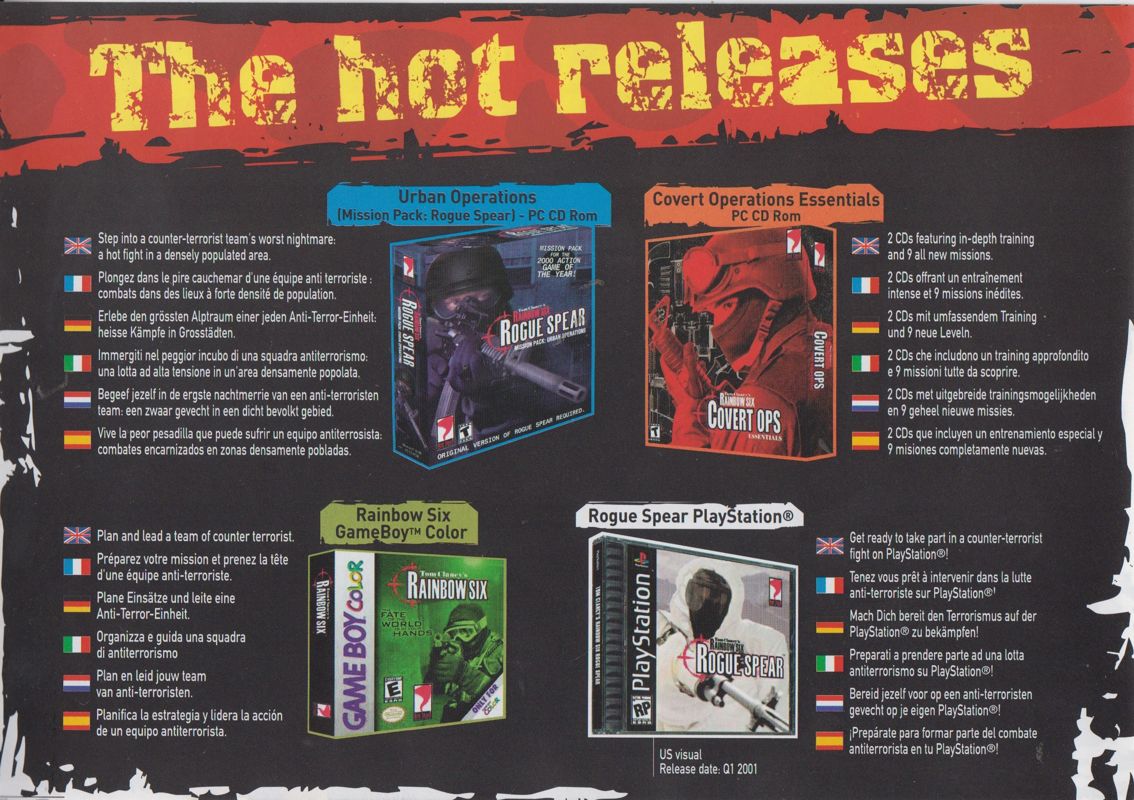 Advertisement for Tom Clancy's Rainbow Six (Windows) (eXclusive Collection release (Ubisoft 2000)): "The Hot Releases" Flyer