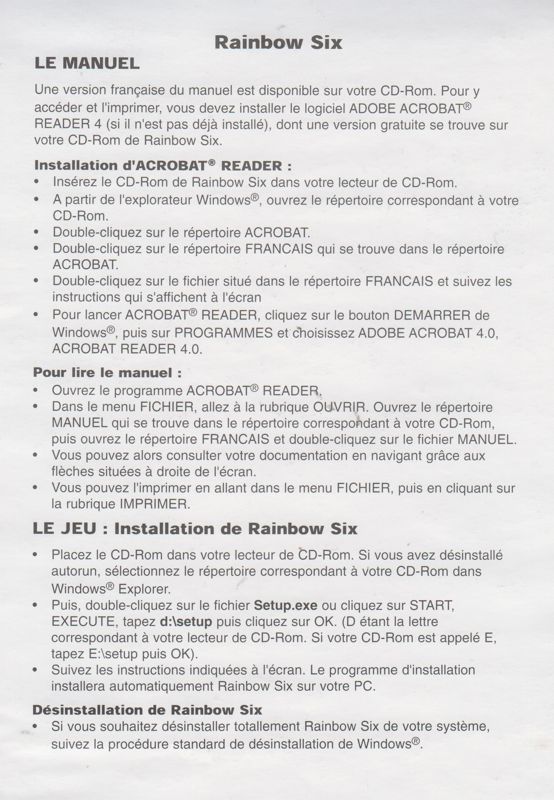 Other for Tom Clancy's Rainbow Six (Windows) (eXclusive Collection release (Ubisoft 2000)): Install Notes' Flyer (back is blank)