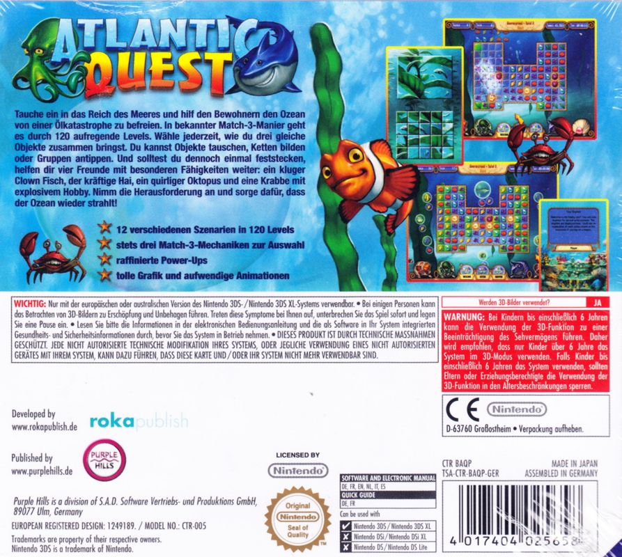 Back Cover for Atlantic Quest (Nintendo 3DS)
