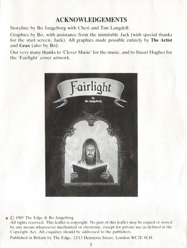 Manual for Fairlight (Commodore 64): foldable instructions - acknowledgments