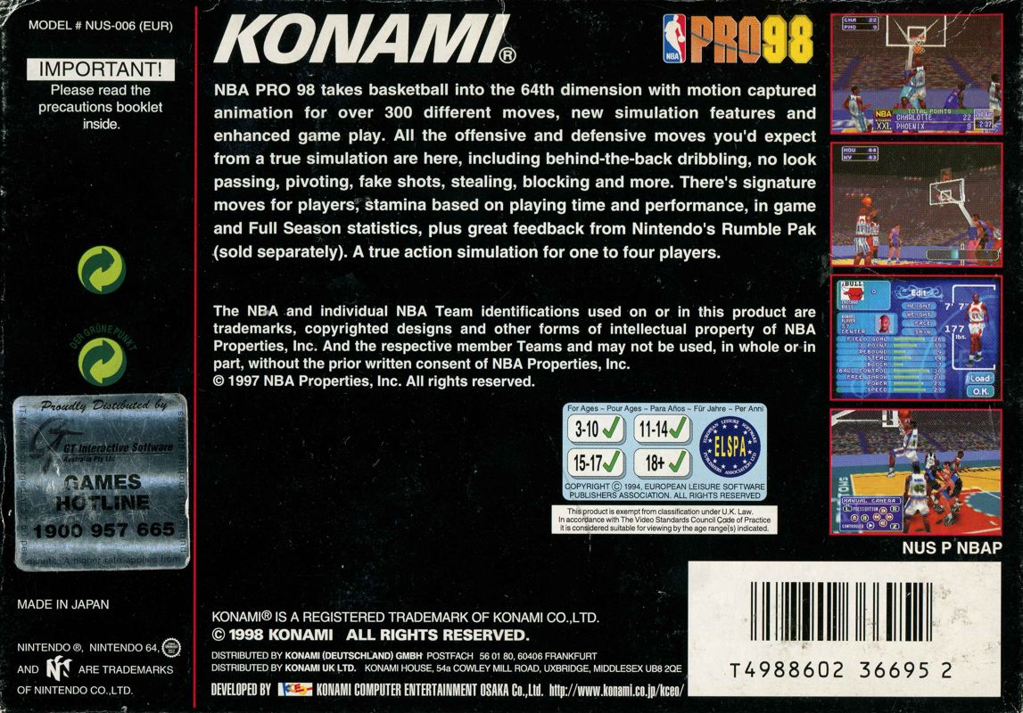 Back Cover for NBA in the Zone '98 (Nintendo 64)