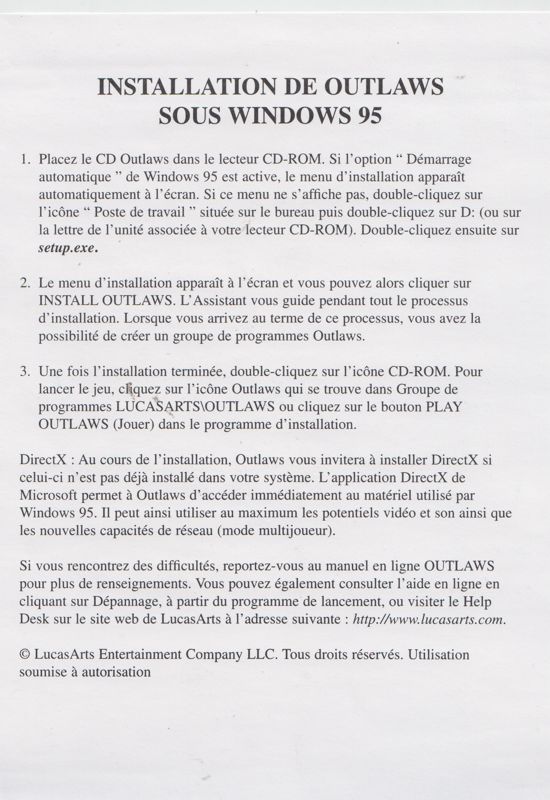 Extras for Day of the Tentacle / Outlaws / Sam & Max (DOS) ("LucasArts Collection Aventure-Action" release): Outlaws Install Notes Leaflet - Front (back is blank)