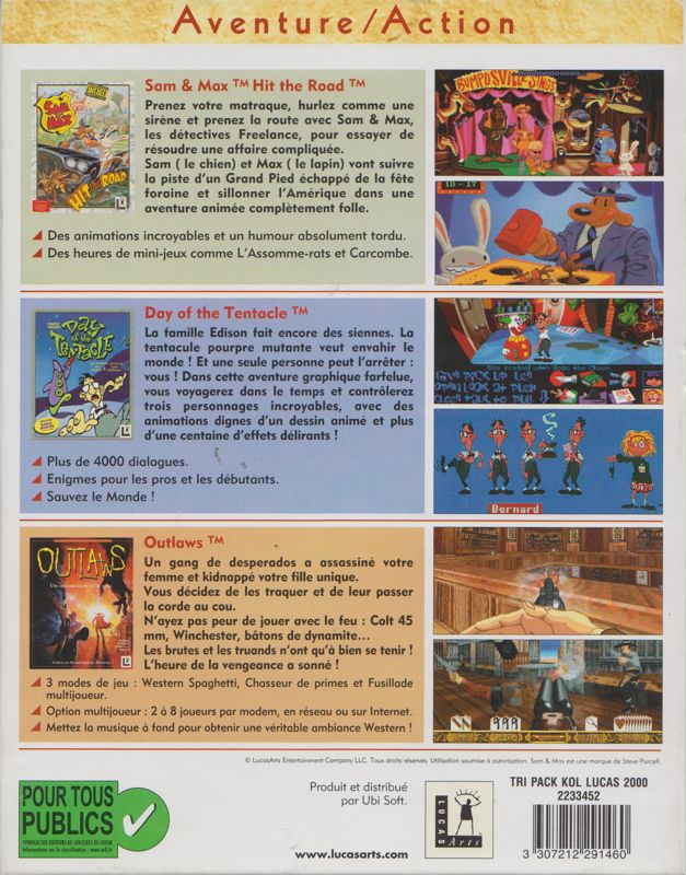 Back Cover for Day of the Tentacle / Outlaws / Sam & Max (DOS) ("LucasArts Collection Aventure-Action" release)