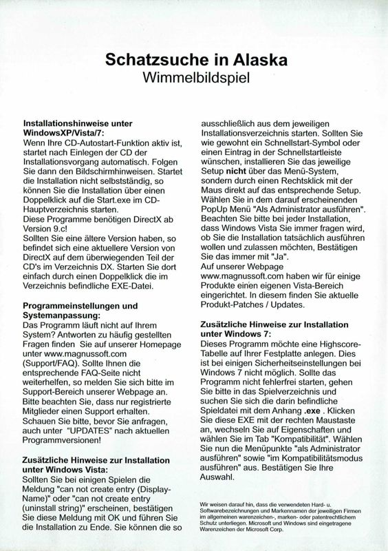 Inside Cover for Schatzsuche in Alaska (Windows): Left Inlay