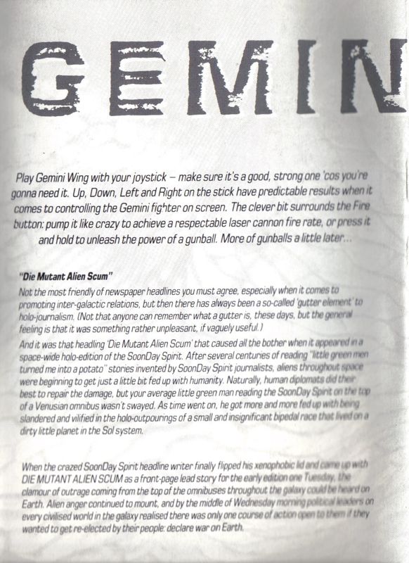 Inside Cover for Gemini Wing (ZX Spectrum)