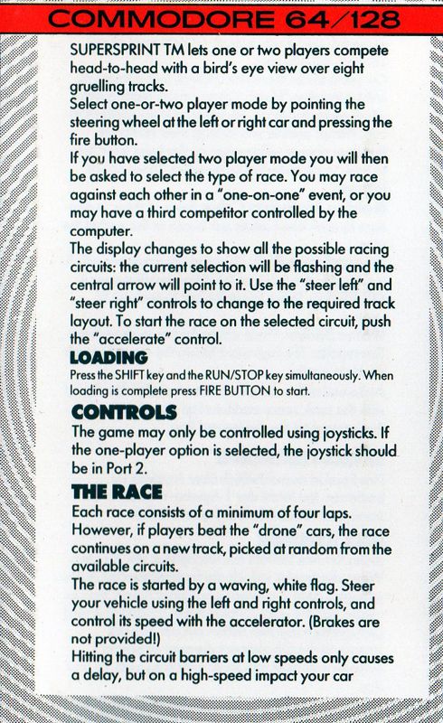 Inside Cover for Super Sprint (Commodore 64) (Hit Squad budget release)