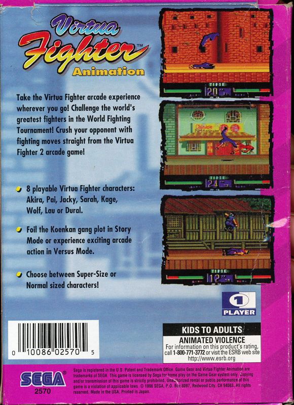 Back Cover for Virtua Fighter Animation (Game Gear)