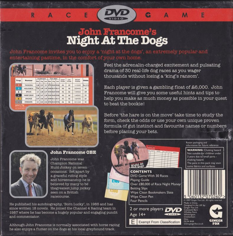 Back Cover for John Francome's Night at the Dogs (DVD Player)