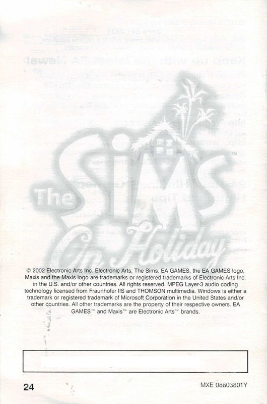 Manual for The Sims: Vacation (Windows): Back
