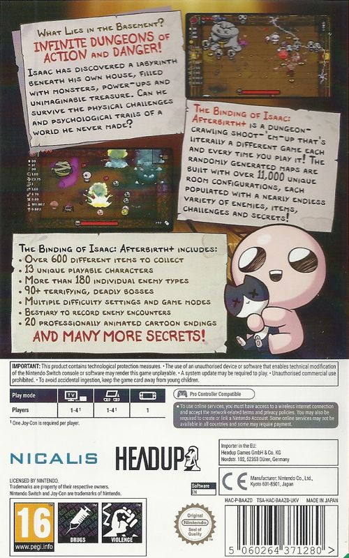 Back Cover for The Binding of Isaac: Afterbirth+ (Nintendo Switch)