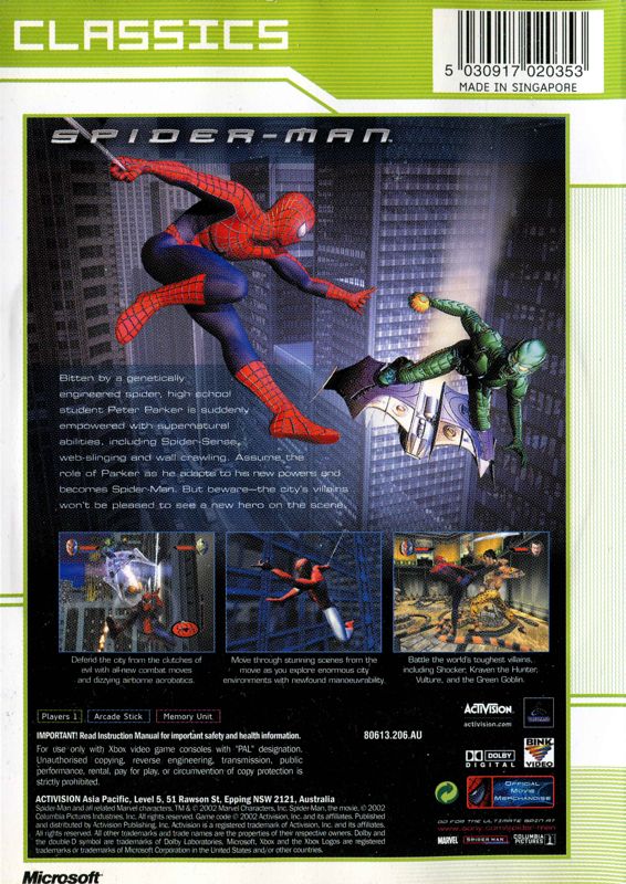 Back Cover for Spider-Man (Xbox) (Xbox Classics release)