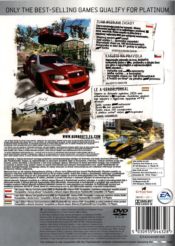 Back Cover for Burnout 3: Takedown (PlayStation 2) (Platinum release)
