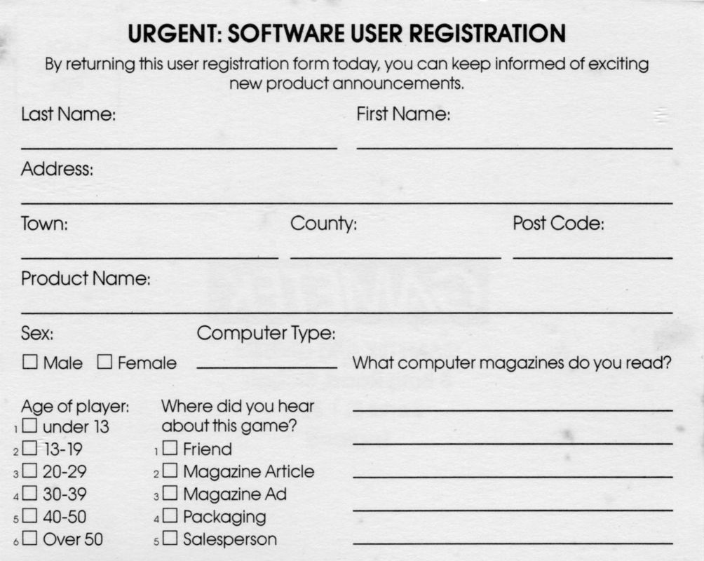 Extras for Hell: A Cyberpunk Thriller (DOS): Registration Card - Back