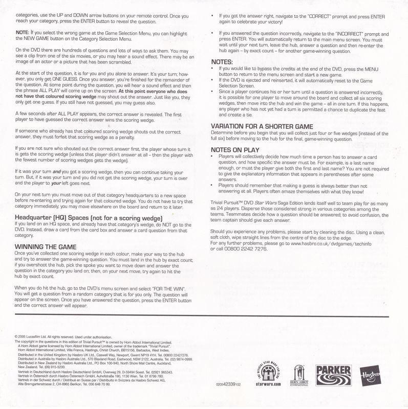 Manual for Trivial Pursuit DVD: Star Wars Saga Edition (DVD Player): Instructions: Side 2