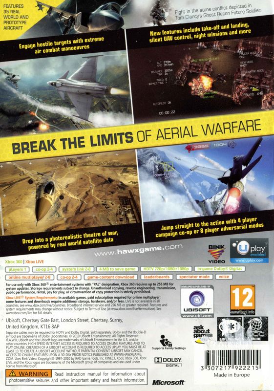 Back Cover for Tom Clancy's H.A.W.X 2 (Xbox 360)