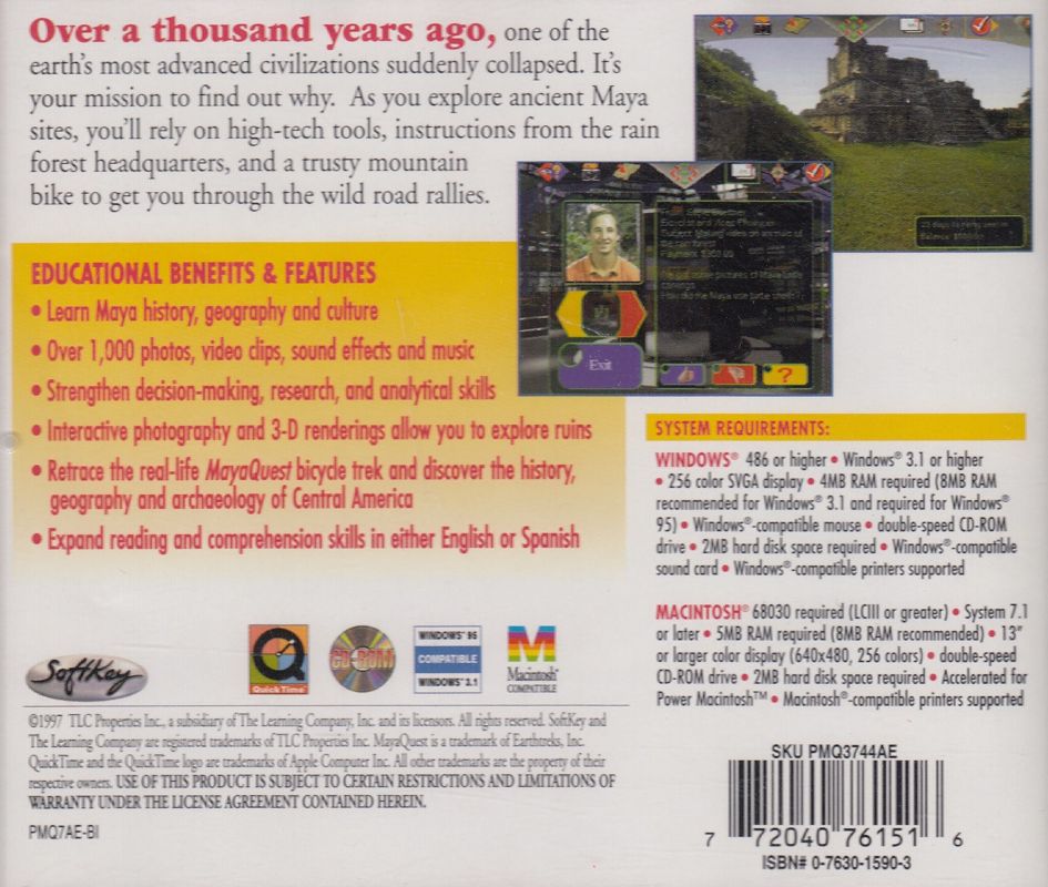 Back Cover for MayaQuest Trail (Macintosh and Windows 16-bit) (1997 SoftKey (The Learning Company) release)