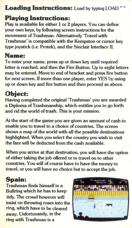 Inside Cover for Travel with Trashman (ZX Spectrum): side A, I (next front cover)