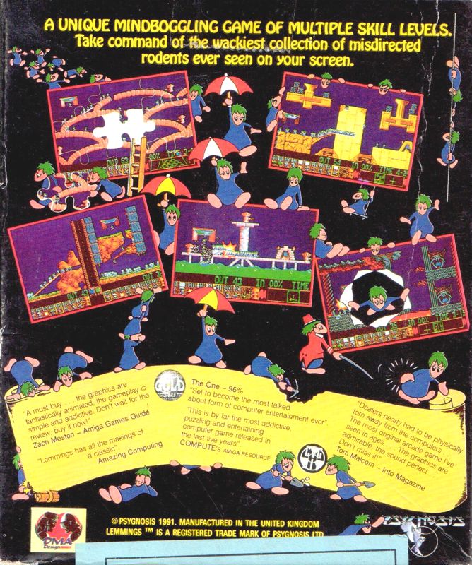 Back Cover for Lemmings (Amiga) (Bundled with the Commodore Amiga)
