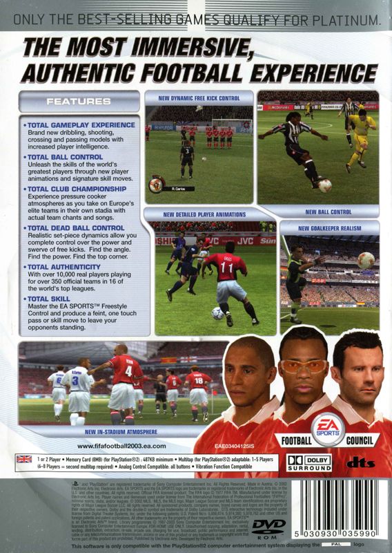 Back Cover for FIFA Soccer 2003 (PlayStation 2) (Platinum release)