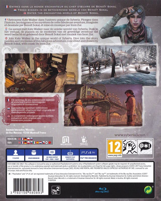 Back Cover for Syberia 3 (PlayStation 4)