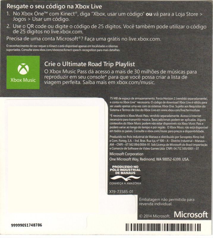 Extras for Forza Horizon 2 (Day One Edition) (Xbox One): Download Bundle Content Card - Back