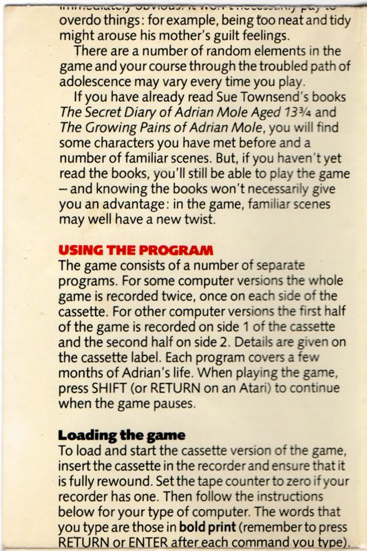 Inside Cover for The Secret Diary of Adrian Mole Aged 13¾ (Amstrad CPC)