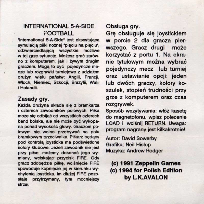 Inside Cover for International 5-A-Side (Commodore 64)