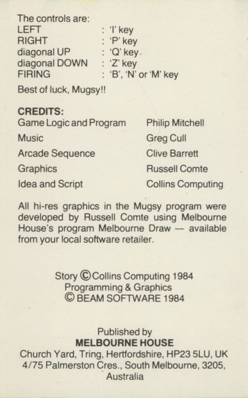 Inside Cover for Mugsy (ZX Spectrum) (version 1): side B (reverse front cover)