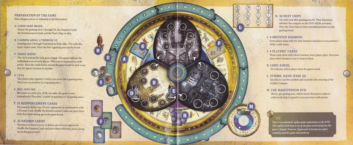 Manual for The Golden Compass: DVD Adventure Board Game (DVD Player) (This edition of the game comes in an embossed tin box): Two pages from the manual showing the game board setup