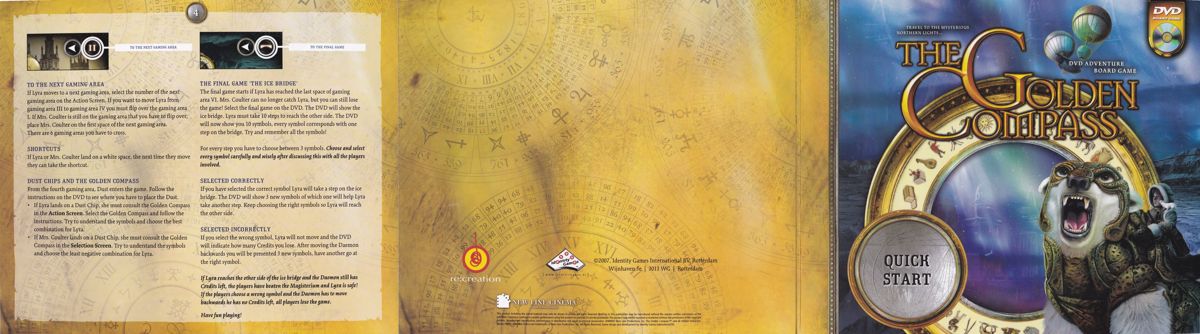 Manual for The Golden Compass: DVD Adventure Board Game (DVD Player) (This edition of the game comes in an embossed tin box): Quick Start Guide: Three panel foldout - side 1